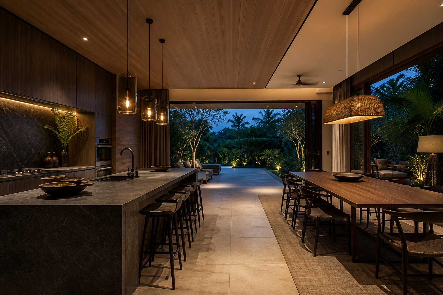 Luxury open-plan kitchen and dining room at blue hour