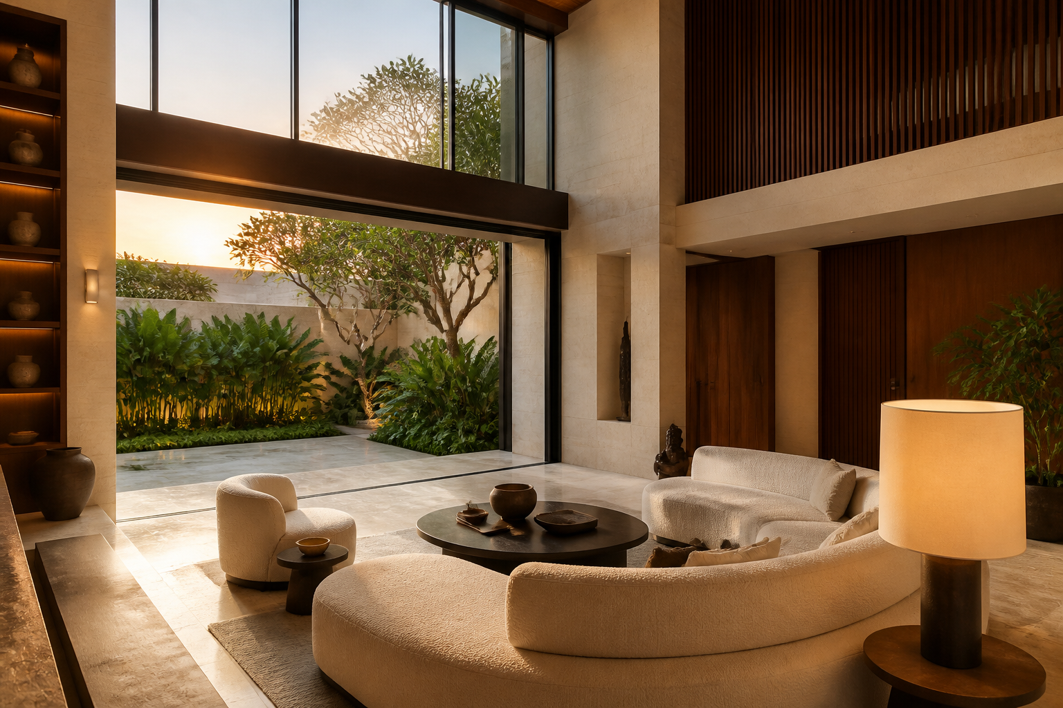 Double-height tropical-modern living room opening to a courtyard