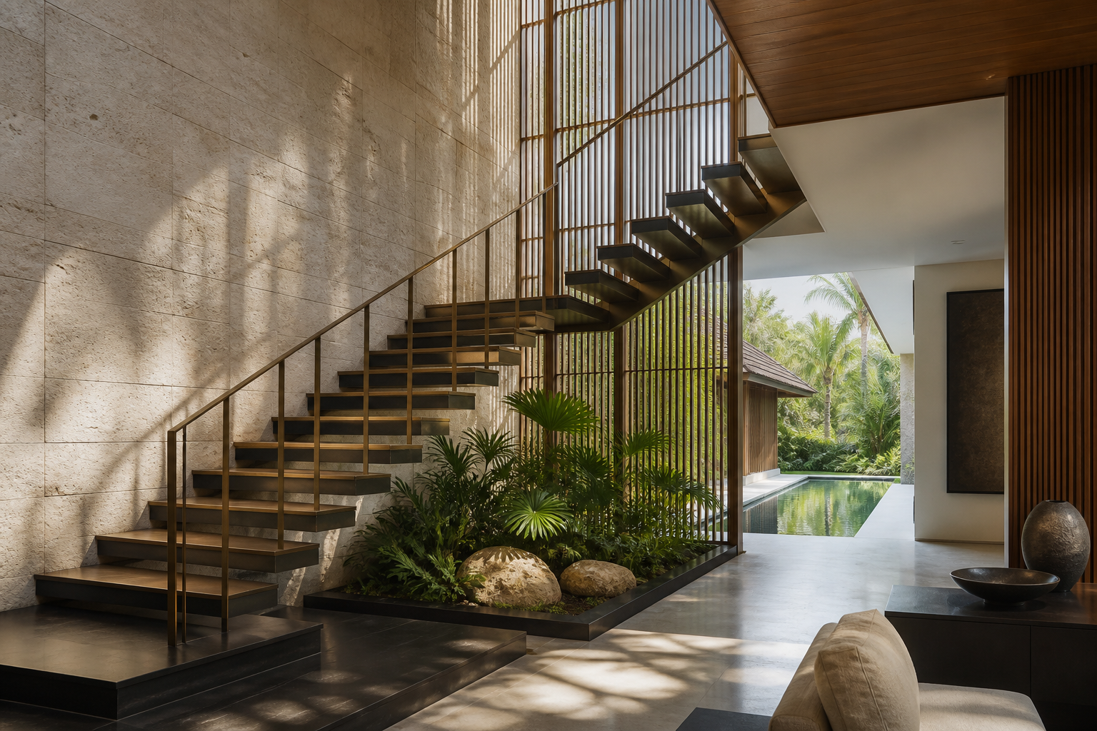 Sculptural staircase beside a limestone wall and tropical garden
